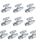 10 Pack One Half Inch PEX To Three Eighths Inch OD Compression Shut Off Valves With Stainless Steel Clamps And Rings Premium Lead Free Brass For Copper PEX CPVC Plumbing Systems No Sweat Install And Leak Free Performance, showing a set of brass valves arranged in two rows.