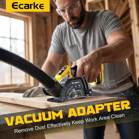 Man using Cordless Cut Off Tool Kit For Wood Metal Plastic Tile Stone 20V Battery Compatible 3 Inch Circular Saw With Brushless Motor 20000 RPM Includes Blades And Dust Shroud Tool Only