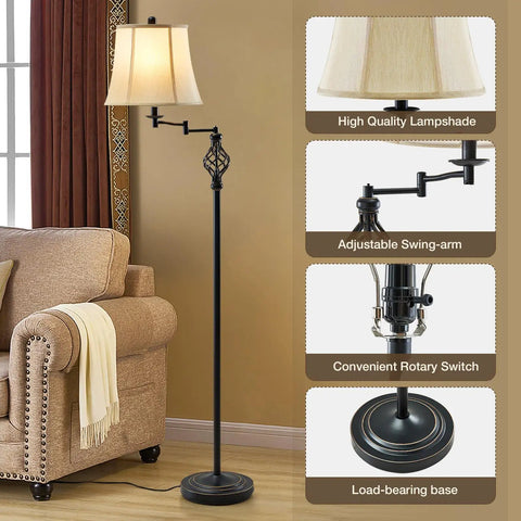 Dimmable LED Pharmacy Floor Lamp With Full Range Dimming for living room, adjustable swing arm and height, near sofa