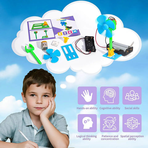 Eight Pack Electrical Fan STEM Kits For Kids Ages 8 To 12, Hands On Science And Engineering Toys with child and kit components