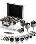 Front view of MarsBase carbide hole saw kit for metal, 16-piece set in case; tungsten carbide tips, sizes 5/8-2-1/4 in