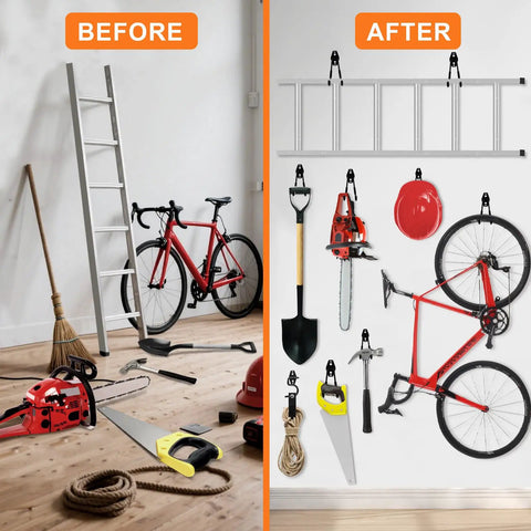 Before and after using Heavy Duty Garage Hooks Storage Kit With Anti Slip Steel Wall Mount Hangers For Ladders Bikes Garden Tools