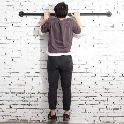 Matte Black Pipe Handrail With Badass Vintage Industrial Vibe Wall Mounted Stair Guardrail For Indoor Outdoor Spaces Heavy Duty Solid Grip Safety Support Bar For Elderly And Accessibility Needs Built Tough, used for support while exercising.