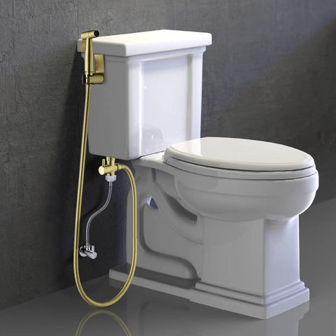 Handheld Bidet Sprayer For Toilet In SUS304 Stainless Steel Brushed Gold Kit with 47 Inch Hose installed on white toilet