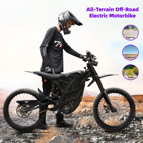 Kickass Powerful 8000W Peak 72V Electric Dirt Bike For Adults, Ripping Through Trails At 60 MPH, Smooth Ride On 75 Mile Range, Beefy 19 Inch Fat Tires, Hydraulic Suspension Setup.