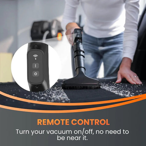 User vacuuming car with Grandstorm Retractable Wall Mounted Wet Dry Vacuum Cleaner With 30 Ft Hose And 6 Nozzles
