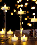 24 Pack Flickering LED Tea Lights With Timer 6 Hour Auto On Off Battery Operated Flameless Tealights on glass stands