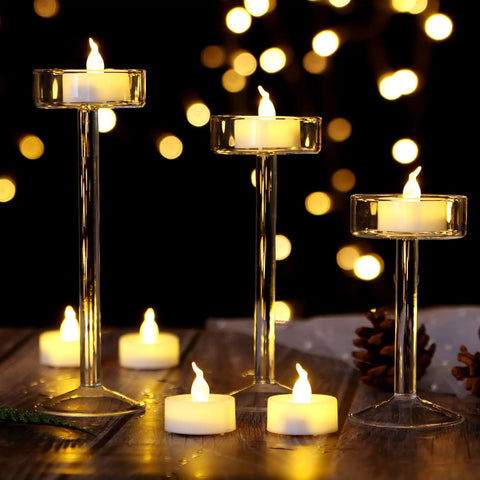 24 Pack Flickering LED Tea Lights With Timer 6 Hour Auto On Off Battery Operated Flameless Tealights on glass stands