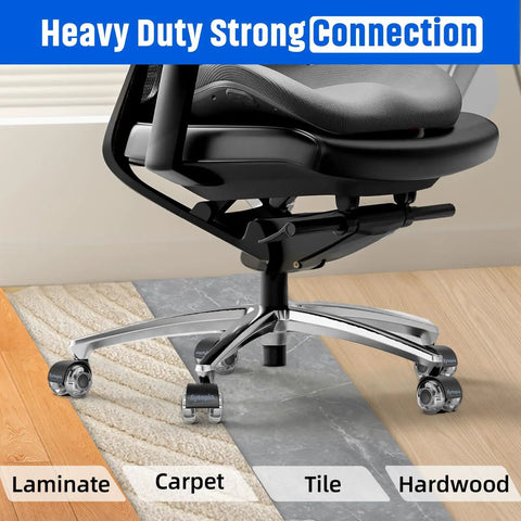 Office chair on laminate, carpet, tile, and hardwood with Beefy 2 Inch Desk Chair Caster Wheels Quiet Smooth Rollers