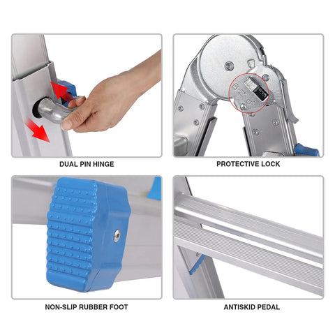 Close-up details of 10ft A Frame Folding Ladder For Home And DIY Easy Fold Adjustable Multi-Position Aluminum Extension Ladder features.