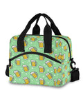Green leakproof 10L insulated cooler lunch bag with beer mug pattern, reinforced straps, 300D Oxford, perfect for picnics, beach, hiking, camping.