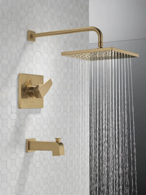 Modern Square Champagne Bronze Shower Trim And Tub Faucet Set Featuring Ten Inch Overhead Rainfall Head Fresh Bathroom Refresh Elevate Your Shower Game Clean Lines Smooth Soak Ready No Valve Included