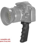 Accu-Grip Handheld Tripod System for cameras showing ergonomic finger-grooved grip attached to a DSLR camera for stable support