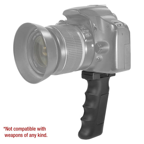 Accu-Grip Handheld Tripod System for cameras showing ergonomic finger-grooved grip attached to a DSLR camera for stable support