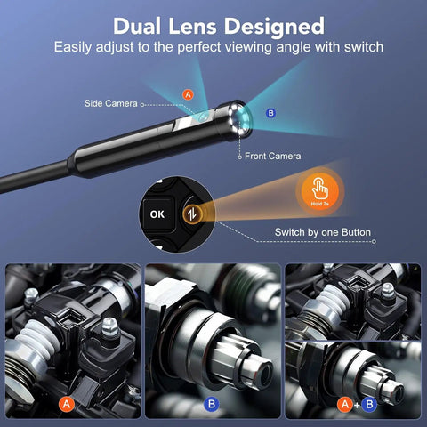 Dual Lens 5 Inch IPS Endoscope Camera With Lights Split Screen Borescope 1080P For Automotive And Home Use, close-up of dual-lens probe