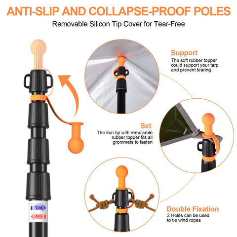 Heavy Duty Aluminum Tent Poles For Tarp And Canopy Adjustable Telescoping Poles With Non Slip Cone Bottom showing anti-slip features