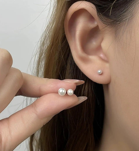 Hypoallergenic Stainless Steel Simulated Pearl Stud Earrings Set In Five Sizes For Women, small pearl stud on ear