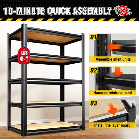Heavy Duty Garage Shelving Unit With Adjustable Metal Racks, Utility Storage Organizer For Basement Pantry Kitchen And Warehouse, 71.2 Inch High, 28 Inch Wide, 12 Inch Deep, Black; 10-minute assembly