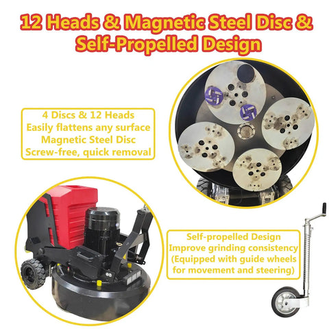 Top view of Beefy 12 Head Concrete Floor Grinder with 12 heads and self-propelled system, highlighting the magnetic steel disc.