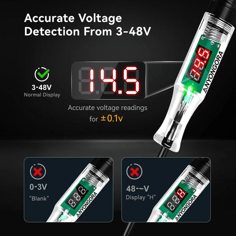 Digital Voltage Tester Pen For Cars And Trucks 3 To 48V With LED Readout Pro Grade Handheld Circuit Tester Battery Health Diagnostic Everyday Carry Ready Alternator And Fuse Checker Precise Zero Point One Volt Resolution, clear display