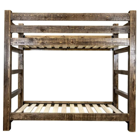 Front view of Twin Over Twin Bunk Bed From The Homestead Collection In Stain, Handcrafted In America From Lodge Pole Pine, Heirloom Quality