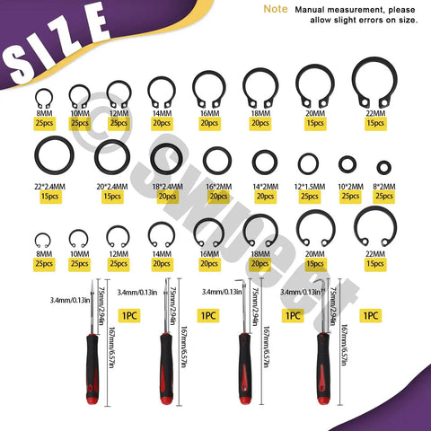 499 Piece Universal O Ring And Retaining Ring Kit For 8mm To 22mm External And Internal Circlips Alloy Steel Snap Rings