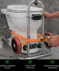 Toilet Lift Cart With Wheels, Seat Lifter, And Plumbing Dolly For Disabled Use, securing and aligning a toilet for installation.