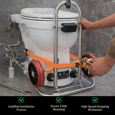 Toilet Lift Cart With Wheels, Seat Lifter, And Plumbing Dolly For Disabled Use, securing and aligning a toilet for installation.