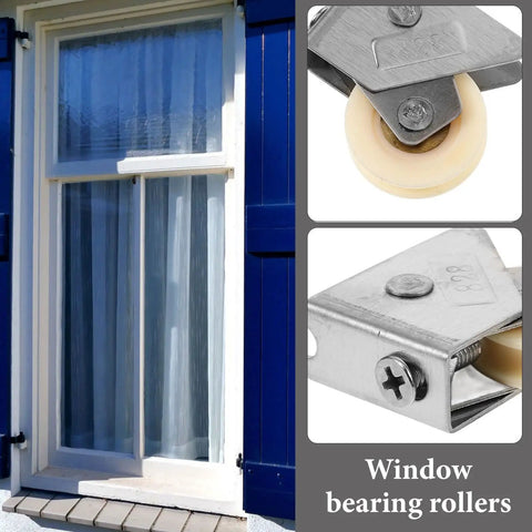 Top Shelf Stainless Steel Sliding Door Roller Featuring Adjustable Window Track Wheel For Dead Simple Installation And Dang Tough Performance On House Projects with a close-up view of the roller.