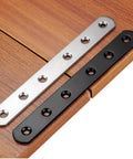 Stainless Steel Flat Mending Plates Set Of 4 For Wood And Metal Repair, 12 Inch Length, shown in silver and black on wood surface.