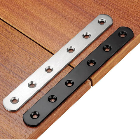 Stainless Steel Flat Mending Plates Set Of 4 For Wood And Metal Repair, 12 Inch Length, shown in silver and black on wood surface.
