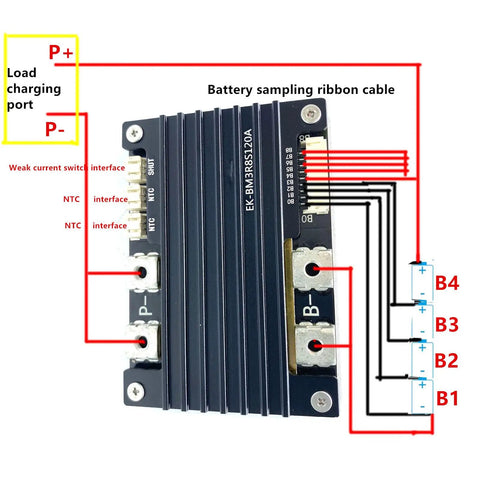 Pro Level 4S Ternary Lithium Battery BMS Protection Board Built Tough With 120a Surge Breaker, showing interfaces and connections.
