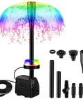 Submersible Fountain Pump 15W 800L/H With LED Lights showing nozzles and rainbow water effect