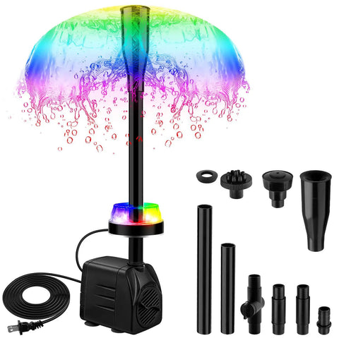 Submersible Fountain Pump 15W 800L/H With LED Lights showing nozzles and rainbow water effect