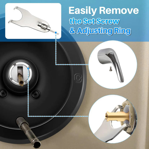 Close-up of Shower Handle Renovation Kit For Delta RP6046 And 600 Series Valves, showing tool for set screw removal and adjusting ring.