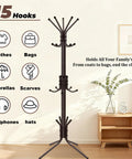 Three Tier Freestanding Coat Rack With Fifteen Hooks, hall tree and hat rack in a room with decor, brown finish