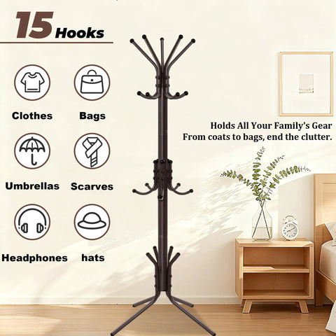 Three Tier Freestanding Coat Rack With Fifteen Hooks, hall tree and hat rack in a room with decor, brown finish