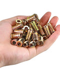 Hand holding One Quarter Inch Twenty Threaded Wood Inserts Kit For Furniture Repair 80 Piece Bundle Includes Drill Bit And Hex Wrench PGMJ Durable Steel Nut Inserts For Wood To Create Strong Bolt Fasteners