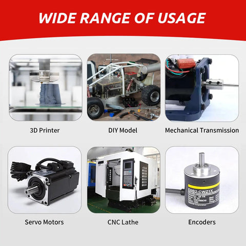 Wide range of usage for 2 Pack 6mm To 6.35mm Bore Rigid Shaft Coupler with 3D printers, RC cars, CNC lathes, and servo motors.