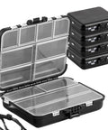 Five Pack Mini Plastic Tackle Boxes For Small Tackle Box Organization And Fishing Gear Storage, stacked and open, showing compartments