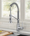 Bolden Commercial Style Pull Down Kitchen Faucet With Two Function Single Handle Chrome Finish High Arc Coil Spout Eighteen And Three Quarters Inches Tall And Spout Reach Eight And Five Eighths Inches Built For Busy Kitchens Pro Grade in a modern kitchen setting
