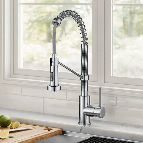 Bolden Commercial Style Pull Down Kitchen Faucet With Two Function Single Handle Chrome Finish High Arc Coil Spout Eighteen And Three Quarters Inches Tall And Spout Reach Eight And Five Eighths Inches Built For Busy Kitchens Pro Grade in a modern kitchen setting