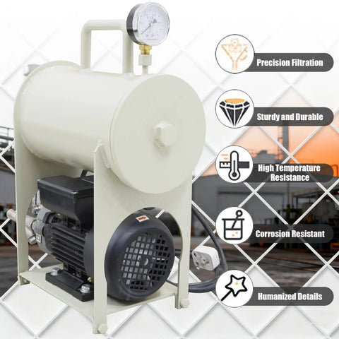 Heavy Duty Portable Hydraulic Oil Filter Top Tier Mobile Filtration Rig With Slick 600 Liters Per Hour Flow and Rock Solid 5 Micron Particulate Capture for Garage Engines and Heavy Equipment Fluids, showing sturdy filtration setup with pressure gauge.