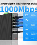 8 Port Gigabit PoE Plus Switch With DIN Rail Power Supply And Two Gig Uplink Ports, 120W Budget, Built For IP Cameras, VoIP Phones, And Wireless APs, Rugged Onsite Industrial Network Gear. Black metal industrial PoE switch with 10 ports and DIN rail mount