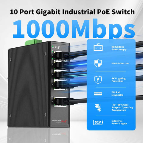 8 Port Gigabit PoE Plus Switch With DIN Rail Power Supply And Two Gig Uplink Ports, 120W Budget, Built For IP Cameras, VoIP Phones, And Wireless APs, Rugged Onsite Industrial Network Gear. Black metal industrial PoE switch with 10 ports and DIN rail mount