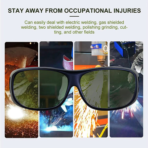 Shade 8 Welding Glasses With Wrap Around Frame 99 Percent UV Protection Anti Scratch Non Slip IR Blocking Lenses For Medium Infrared TL TLT Technology For Less Eye Strain Lightweight Dope Safety Goggles For MIG TIG MMA Welding in front of collage with welding scenes