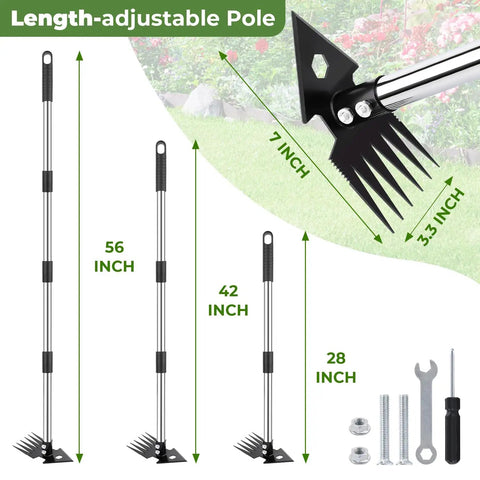 2-In-1 Weed Puller Tool With Long Handle, Dual-Head Garden Hoe And Weeder For Deep Root Uprooting, showing adjustable pole lengths