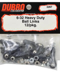 Heavy Duty Ball Link 6-32 Size, Friction Free Performance, 12 Pack in packaging for RC planes, cars and hobby projects.