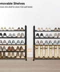 Two Beefy 5-Tier Metal Shoe Racks With Mesh Shelves, showcasing removable shelves for mid-calf boots storage