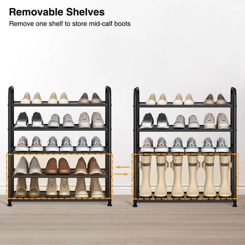 Two Beefy 5-Tier Metal Shoe Racks With Mesh Shelves, showcasing removable shelves for mid-calf boots storage